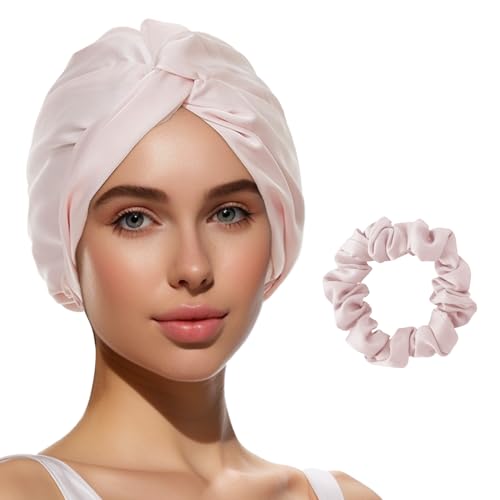 Satin Bonnet Silk Bonnet for Sleeping Women, Double-Layer Silk Hair Wrap with Elastic Band, Adjustable Shower Cap for Curly Straight Long Hair, Pink